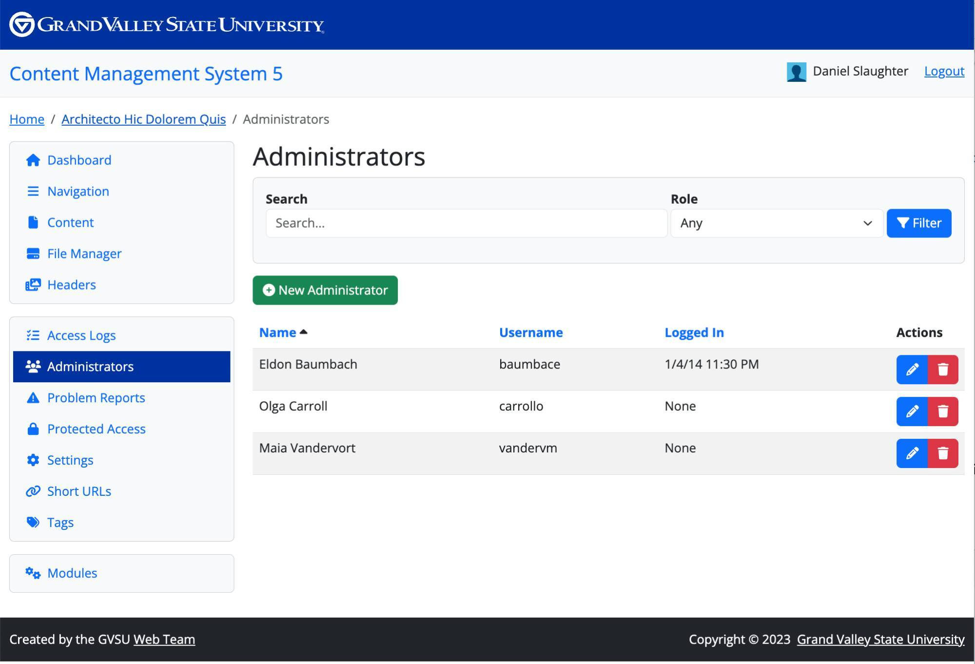 The Administration screen in the CMS 5.